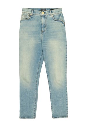 Jean en denim bleu clair délavé avec taille haute, fermeture par boutons, passants de ceinture et design à cinq poches.