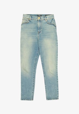 Jean en denim bleu clair délavé avec taille haute, fermeture par boutons, passants de ceinture et design à cinq poches.