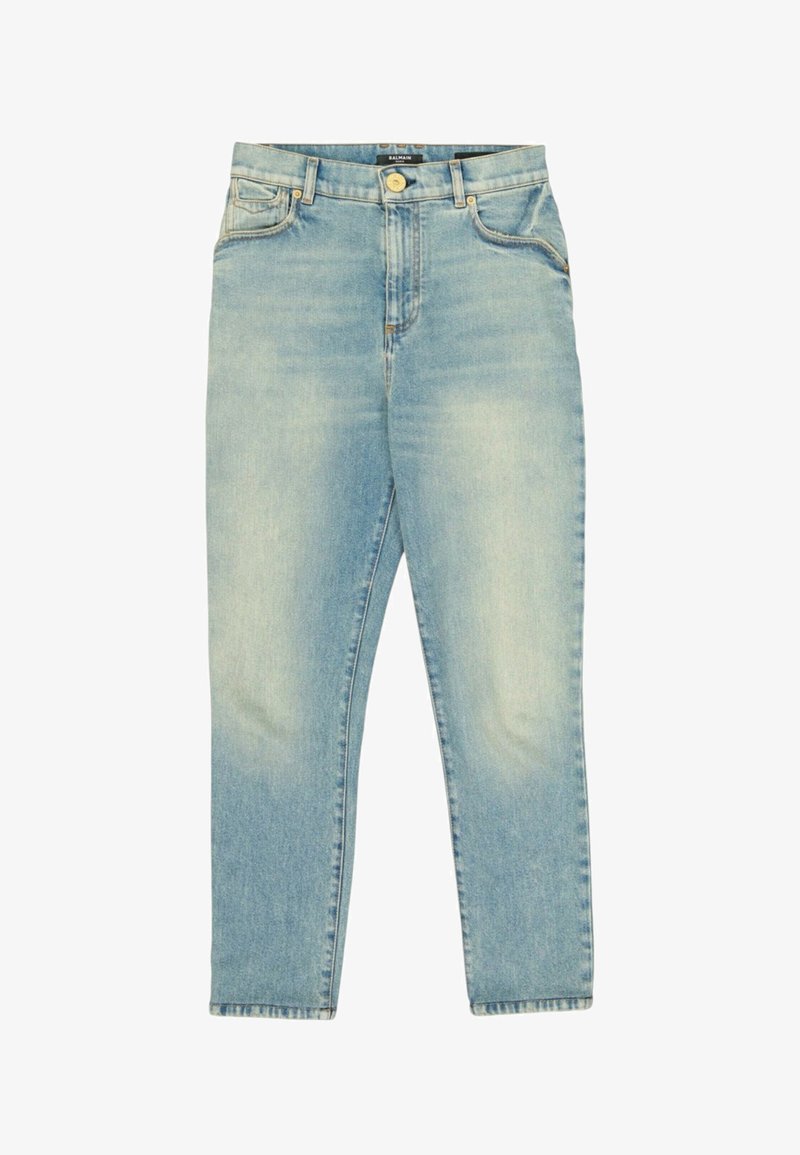 Jean en denim bleu clair délavé avec taille haute, fermeture par boutons, passants de ceinture et design à cinq poches.
