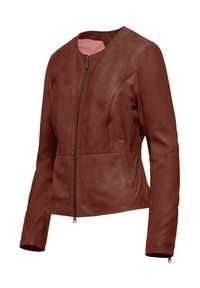 Giacca di pelle marrone con scollatura rotonda, chiusura con zip, design aderente e tasche laterali. Texture liscia con dettagli di cucitura minimali.