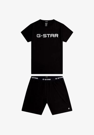 Zwart G-Star merk t-shirt met korte mouwen en bijpassende zwarte shorts met een G-Star logo op de tailleband en een klein logo op het been.