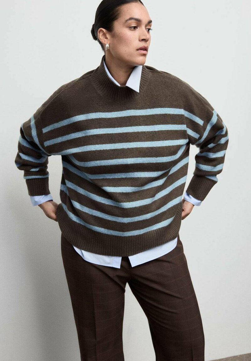 Maglione a righe marroni con strisce blu, texture a maglia, collo alto e spalle abbassate. Indossato sopra una camicia bianca con colletto e pantaloni a quadri marroni.
