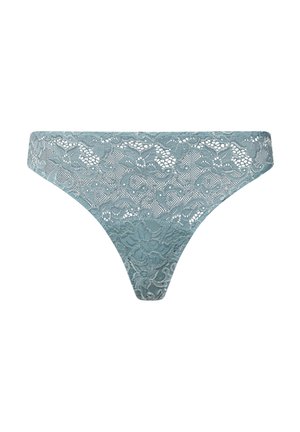 Verkkohihan thong vaaleassa teal-värissä, jossa on kukkakuviot, herkkä joustava vyötärö ja läpinäkyvä rakenne kauttaaltaan.