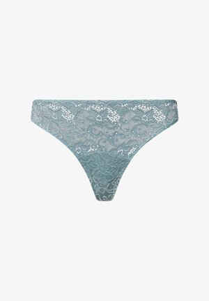 Spændetrusser i en afdæmpet teal farve, med blomstermønstre, en delikat elastisk talje og gennemsigtig tekstur hele vejen igennem.