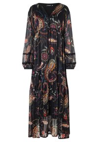 Musta laskostettu mekko värikkäillä kukka- ja paisley-kuvioilla, V-pääntie, pitkät puffihihat ja kerroksellinen röyhelöhelma. Kevyt kangas.