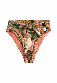 Bas de bikini taille haute en corail rose avec un motif de feuilles de palmier tropicales et d'oiseaux. Comprend un accent noué et des découpes.