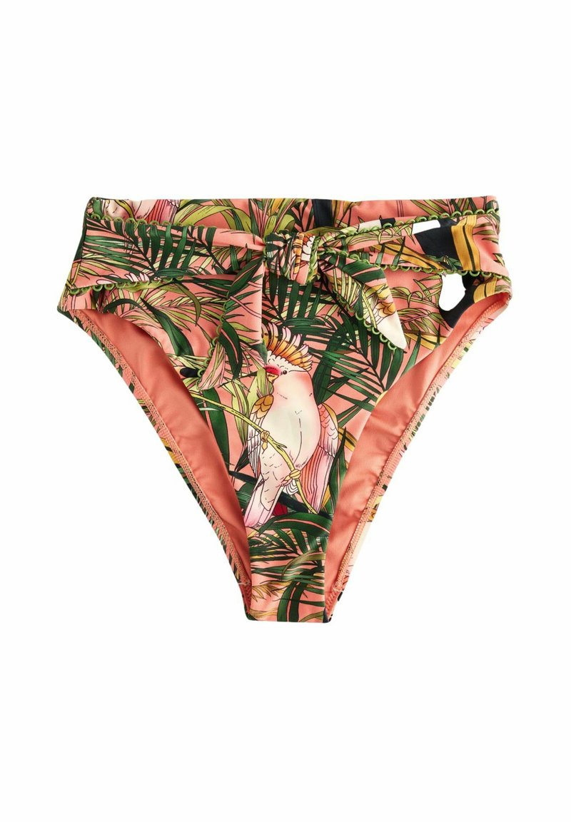 Bas de bikini taille haute en corail rose avec un motif de feuilles de palmier tropicales et d'oiseaux. Comprend un accent noué et des découpes.