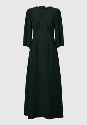 Tamnozelena haljina od glatkog materijala, sa rukavima do tri četvrtine, okruglim izrezom i nabranošću u struku.