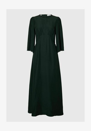 Mørkegrønt kjole laget av glatt stoff, med trekvartlange ermer, rund halsutringning og samlet detaljer ved midjen.