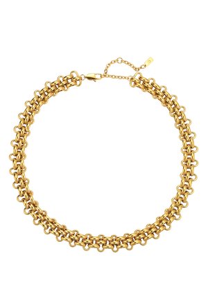 Collier chaîne or double rang avec maillons ovales entrelacés et fermoir mousqueton avec rallonge de chaîne ajustable.