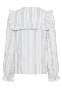 Blusa a righe blu e bianche con maniche lunghe, dettagli arricciati sulle spalle e polsini elastici. Materiale in cotone, texture leggera.