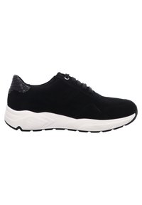 Black suede sneaker with a textured black heel accent, white midsole, and black laces. Features a rounded toe and cushioned sole.