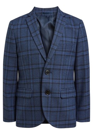 Blazer à carreaux bleu marine avec un tissu texturé, deux boutons noirs et des poches avant. Comprend un col à revers classique et une fente unique.