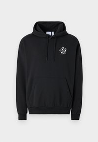 Black hoodie featuring a front pocket, drawstring hood, and a white graphic design with a character on the chest. Smooth cotton blend material.