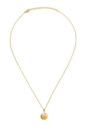 Õrn kuldse kettaga kaelakee, millel on väike ümmargune kuldne ripats ja reguleeritav kinnis valgel taustal.