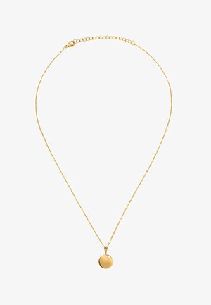 Delicata collana a catena d'oro con un piccolo pendente rotondo in oro e chiusura regolabile su sfondo bianco.