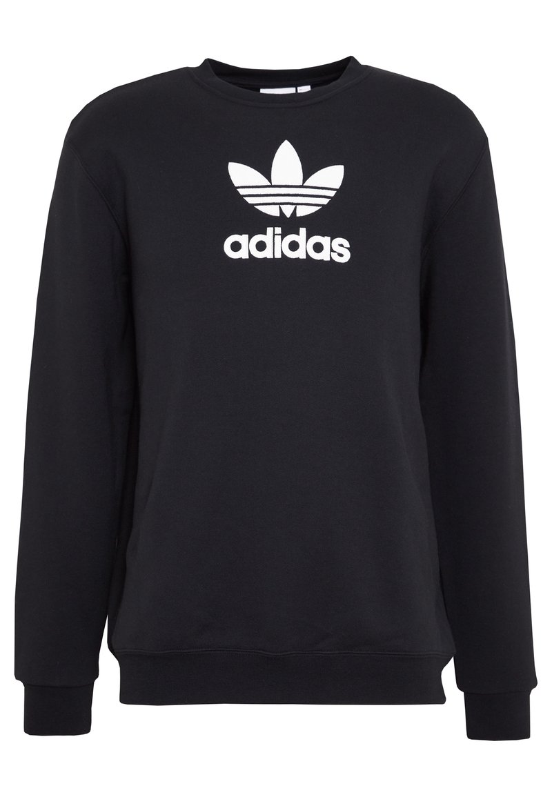 Black sweatshirt made of cotton blend, featuring a white Adidas logo and trefoil design on the front. Long sleeves and ribbed cuffs.