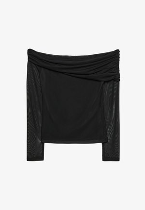 Crna bluzica bez naramenica napravljena od prozirnog materijala s drapiranim detaljima. Dugi rukavi; gladak tekstur; minimalistički dizajn.