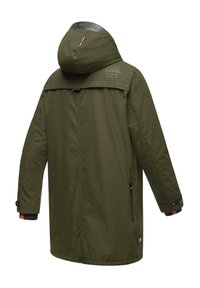 Olive green parka jacket with a hood, zippered side pockets, and elasticized cuffs. Features smooth fabric and branding on the collar.
