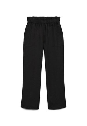 Pantalon noir à jambes larges avec taille haute élastique et poches plaquées devant, fabriqué en tissu texturé.