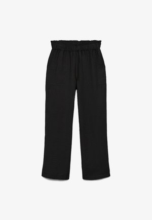Pantalon noir à jambes larges avec taille haute élastique et poches plaquées devant, fabriqué en tissu texturé.