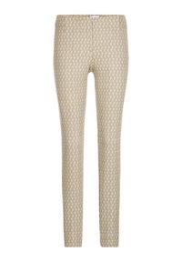 Broek van een patroonstof met beige, roomwitte en lichtbruine geometrische vormen. Elastische tailleband en slim-fit ontwerp.