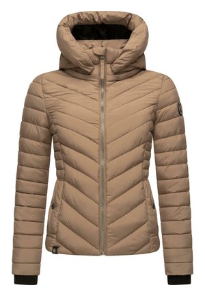 Beige puffer jacket with a chevron quilted pattern, detachable hood, front zip closure, and ribbed cuffs. Features logo on the sleeve.