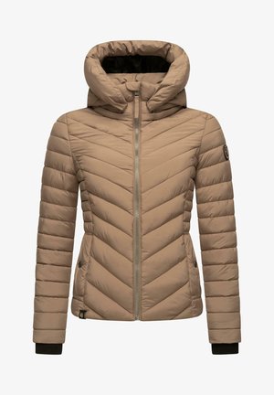 Beige Daunenjacke mit einem Zickzack-Quiltmuster, abnehmbarer Kapuze, Frontzippverschluss und gerippten Bündchen. Mit Logo am Ärmel.