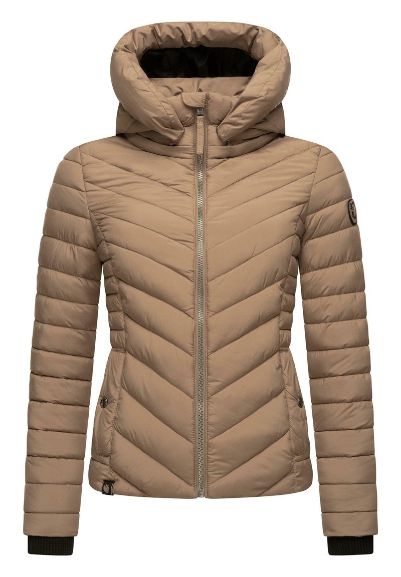 Beige puffer jacket with a chevron quilted pattern, detachable hood, front zip closure, and ribbed cuffs. Features logo on the sleeve.
