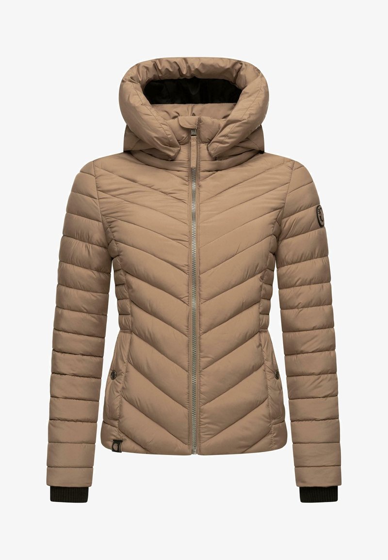 Beige pufferjacka med ett chevron kviltat mönster, avtagbar huva, framzip och ribbade ärmslut. Har logga på ärmen.