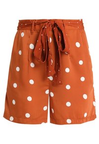 Pantaloni corti color ruggine con pois bianchi, dotati di una cintura con lacci e texture liscia. Lunghezza corta con vestibilità rilassata.