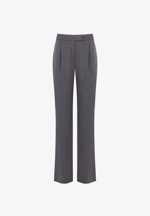 Pantalons gris ajustés avec une jambe droite, dotés de deux plis sur le devant et d'une taille plate. Fabriqués dans un tissu texturé avec une finition lisse.