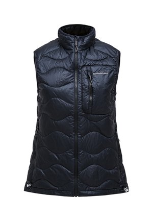 Black padded vest with a high collar, wave pattern stitching, front zip closure, side pockets, and a chest pocket with zipper.