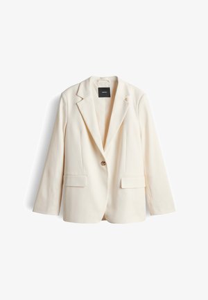 Effen roomkleurig colbert met enkele rij knopen, revers met inkeping, sluiting met één knoop en twee klepzakken aan de voorkant, plat neergelegd op een witte achtergrond.