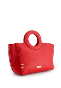 Rote Handtasche aus Kunstleder mit rundem Obergriff, abnehmbarem Schultergurt und goldfarbenen Beschlägen. Verfügt über eine strukturierte Oberfläche und eine form gebende Form.