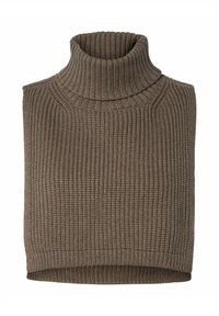 Knit-takki turtleneck tummanruskeana, jossa on ribbikuvio ja lyhyt malli, kääritty kaula ja ilman hihoja.