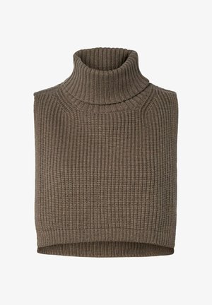 Strik turtleneck sweater i mørkebrun, med ribbet tekstur og en cropped design, med rullet hals og uden ærmer.