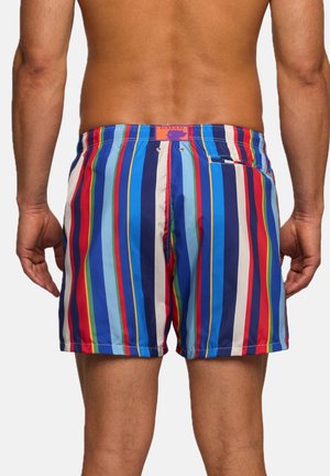 Vista posteriore di un uomo che indossa pantaloncini da bagno a righe verticali multicolore con una piccola tasca posteriore e una toppa con il logo Gallo in vita.