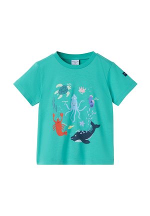 Turkis børne-T-shirt med tegneseriehavdyr, herunder skildpadde, blæksprutte, krabbe, hummert, søhest, søstjerne og hval.