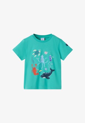 Turkis børne-T-shirt med tegneseriehavdyr, herunder skildpadde, blæksprutte, krabbe, hummert, søhest, søstjerne og hval.