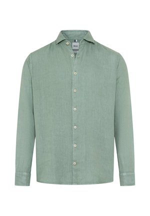 Camicia da uomo verde chiaro a maniche lunghe con bottoni e colletto, caratterizzata da bottoni bianchi e tessuto leggermente strutturato.