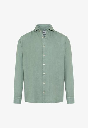 Camicia da uomo verde chiaro a maniche lunghe con bottoni e colletto, caratterizzata da bottoni bianchi e tessuto leggermente strutturato.