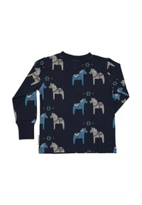 Tummansininen pitkähihaistoppi, jossa on vaaleanharmaita ja sinisiä hevospainatuksia, joita korostavat punaiset ja siniset kukkakuviot. Pehmeä kangas.