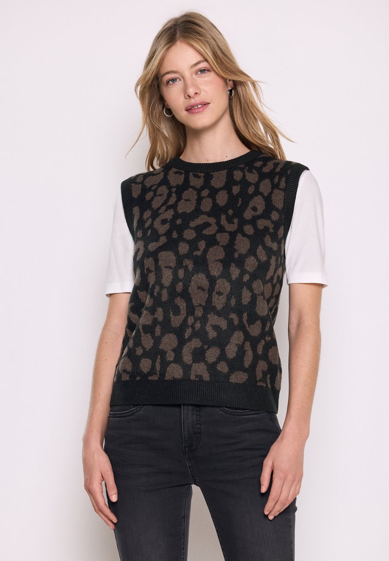 Sweater mit schwarzem und braunem Leopardenmuster, kurzen weißen Ärmeln und geripptem Ausschnitt. Weicher Stoff, cropped Design und lockere Passform.