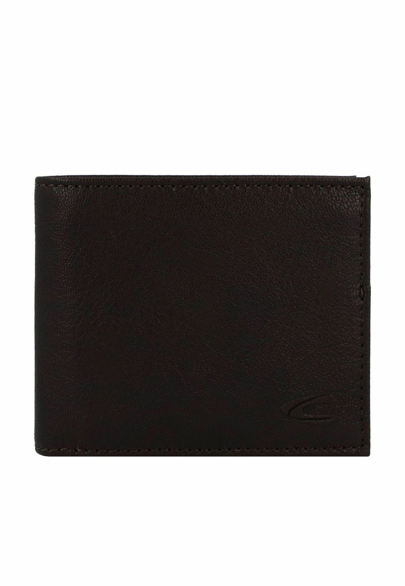 Dunkelbraune Lederbrieftasche mit strukturierten Oberflächen, rechteckiger Form und gesteppten Kanten. Verfügt über ein dezentes, geprägtes Logo auf der Vorderseite.