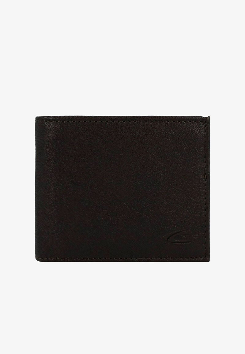 Dunkelbraune Lederbrieftasche mit strukturierten Oberflächen, rechteckiger Form und gesteppten Kanten. Verfügt über ein dezentes, geprägtes Logo auf der Vorderseite.