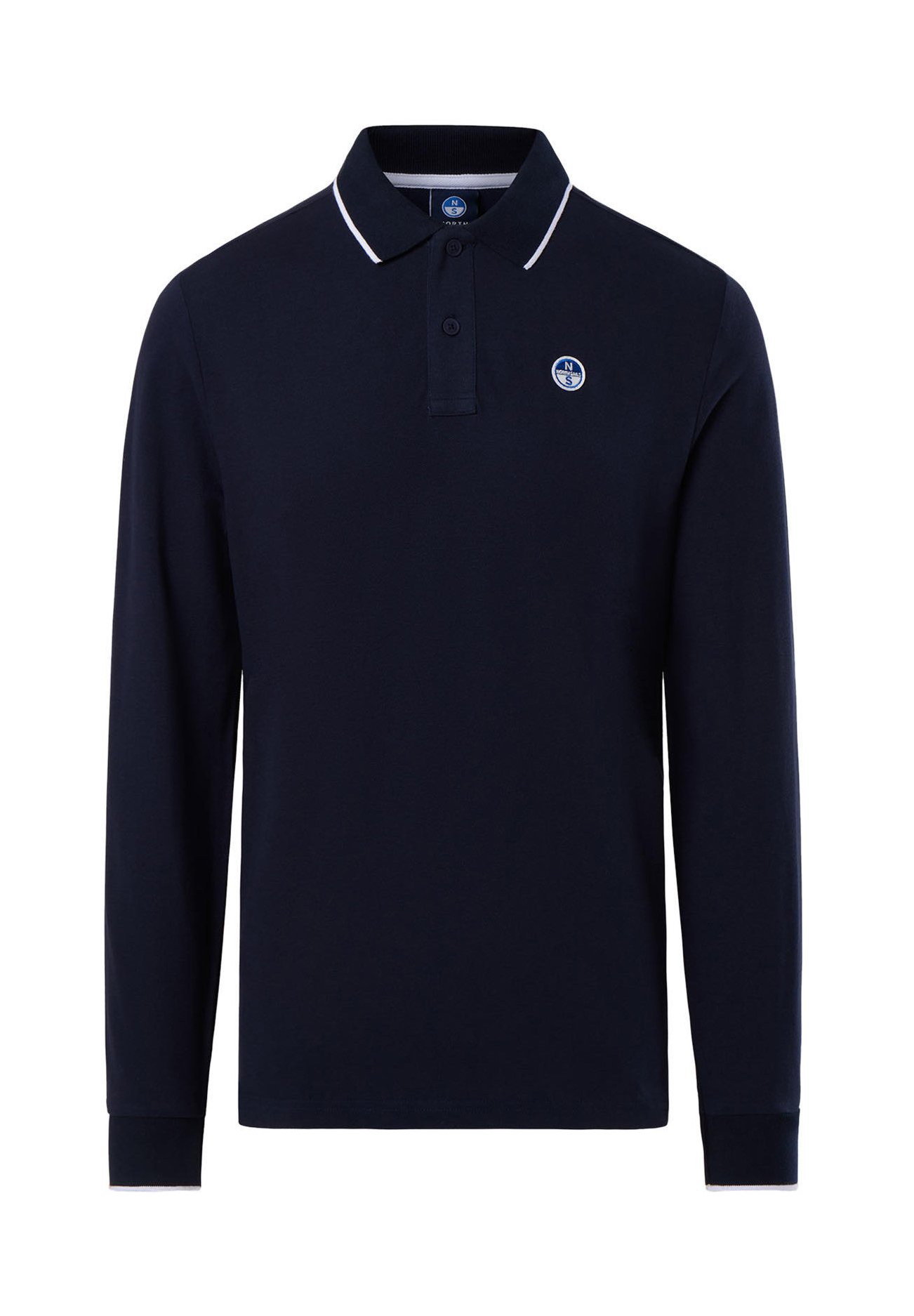 Polo a maniche lunghe blu navy con colletto, patta con due bottoni e strisce bianche a contrasto. Presenta un logo circolare sul petto.