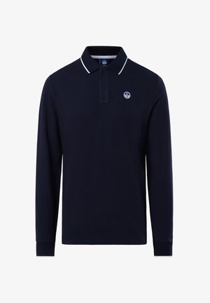 Marineblaue Langarm-Polohemd mit Kragen, zwei Knopfverschluss und weißen Akzentstreifen. Verfügt über ein rundes Logo auf der Brust.