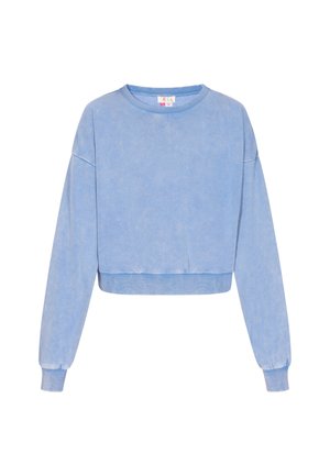 Sweatshirt bleu clair court avec des manches longues, des poignets côtelés et une finition douce légèrement texturée. Il présente un col ras du cou classique.