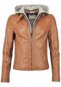 Braune Lederjacke mit einer grauen Kapuzenfutter, ausgestattet mit einem Reißverschluss, tailliertem Design und Steppnähten an den Ärmeln und den Seiten.
